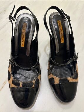 Via Spiga Black and Tan Leopard Slingback Pumps
